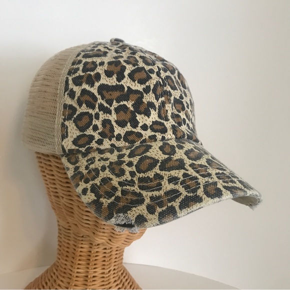 Distressed Canvas, Mesh Back Ponytail Hat Adjustable. Leopard Print New! - Picture 5 of 12